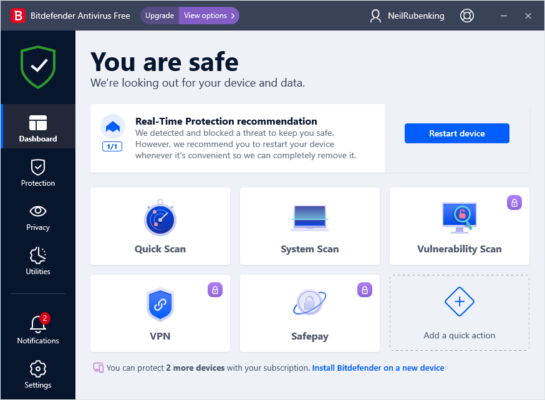Bitdefender Antivirus Free 27.0.41.210 interface screenshot
