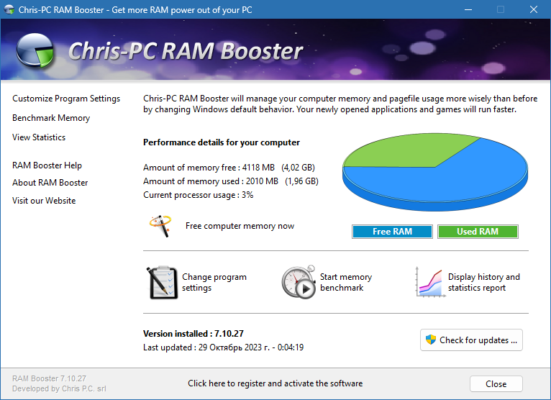 Chris-PC RAM Booster 7.25.1001 interface screenshot
