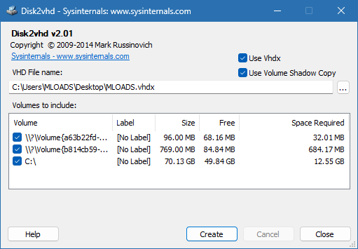 Disk2vhd 2.02 interface screenshot