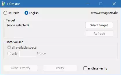H2testw 1.4: Test USB Drives & SD Cards for Fake Storage interface screenshot