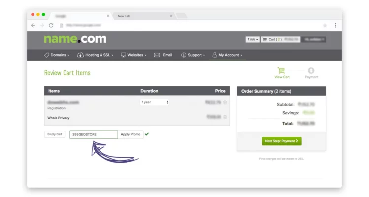 Name.com Coupon Codes 2026 — Save Big on Domains and Hosting interface screenshot