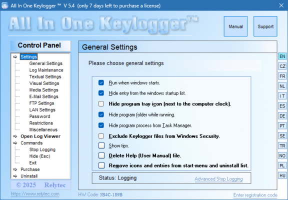 Relytec All In One Keylogger 5.4 interface screenshot