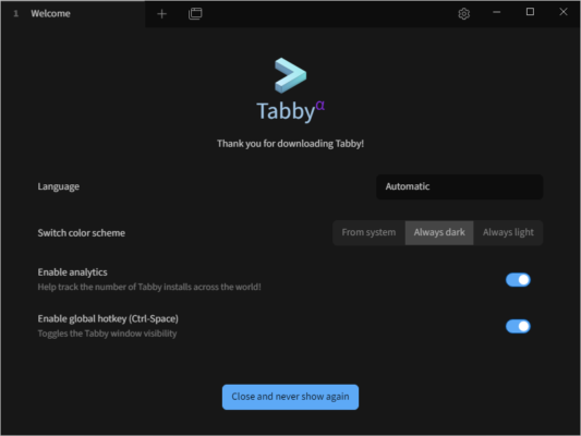 Tabby 1.0.221 interface screenshot