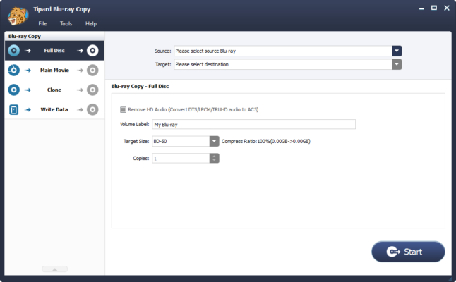 Tipard Blu-ray Copy 73.96 interface screenshot